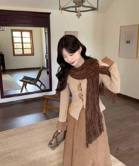 새로운 패션 느긋한 바람 배색 폴로 칼라 패치워크 색상 맨위 허리밴드 반신 스커트 스카프 3 세트