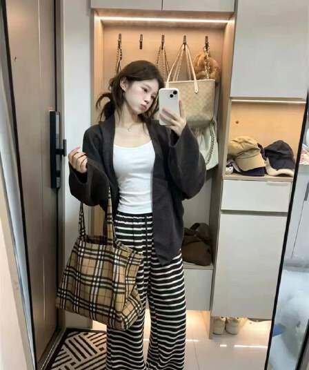 새로운 패션 루즈핏 스웨터 오픈 가디건 캐미솔 허리밴드 스트라이프 캐주얼 바지 3종 세트