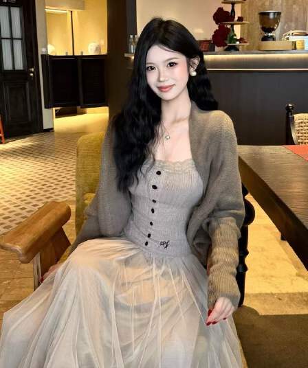 새로운 부드러운 바람 캐주얼 배트윙 소매 스웨터 오픈 가디건 레이스 슬립 허리밴드 망사 치마 3종 세트