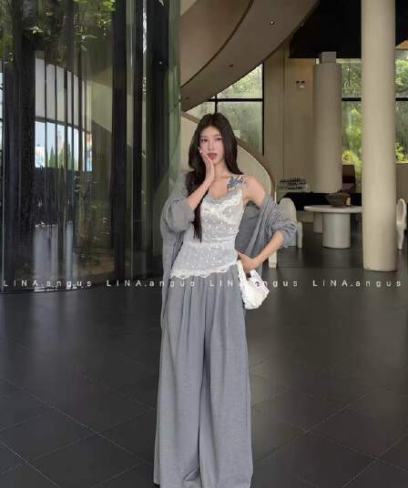 새로운 한국 스타일 패션 부드러운 슬림해 보이는 오픈 가디건 도트 무늬 레이스 슬립 하이웨이스트 와이드 레그 팬츠 3종 세트