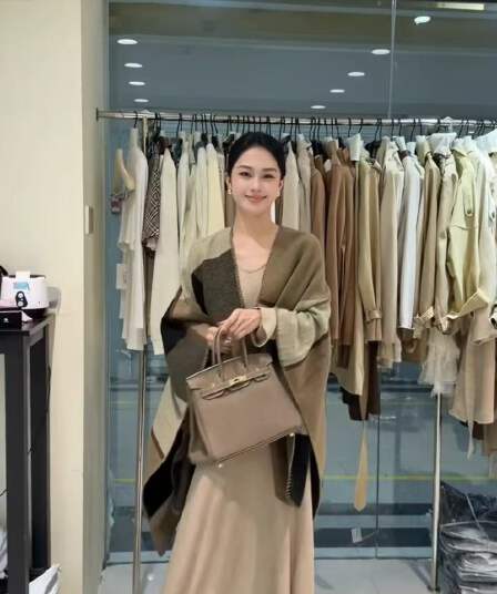 새로운 한국 스타일 패션 디자인 센스 체크무늬 배색 숄 몸매 가꾸기 드레스 투피스 세트