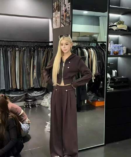 새로운 패션 품격 느긋한 바람 나폴레옹 쇼트 스타일 후드 오픈 가디건 허리밴드 캐주얼 와이드 레그 팬츠 세트