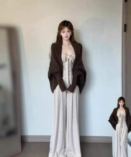 새로운 느긋한 바람 니트 스웨터 코트 슬립 튜브탑 허리밴드 캐주얼 긴 바지 3종 세트
