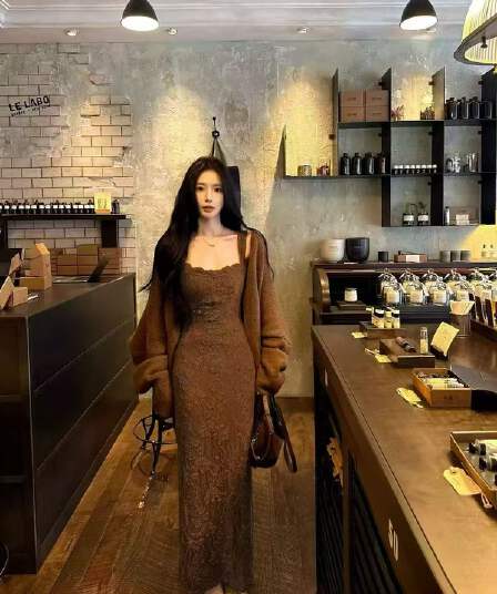 새로운 한국 스타일 패션 품격 캐주얼 스웨터 오픈 가디건 몸매 가꾸기 레이스 슬립 드레스 투피스 세트