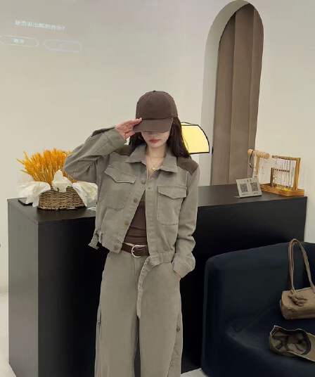 새로운 인터넷 유명인 아름다움 라드. 데님 패치워크 색상 재킷 하이웨이스트 슬림해 보이는 와이드 레그 팬츠 벨트 3 세트