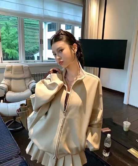 새로운 레트로 스탠드 칼라 지퍼 캐주얼 거품 소매 맨위 슬립 더블 허리 플리츠 스커트 3 세트