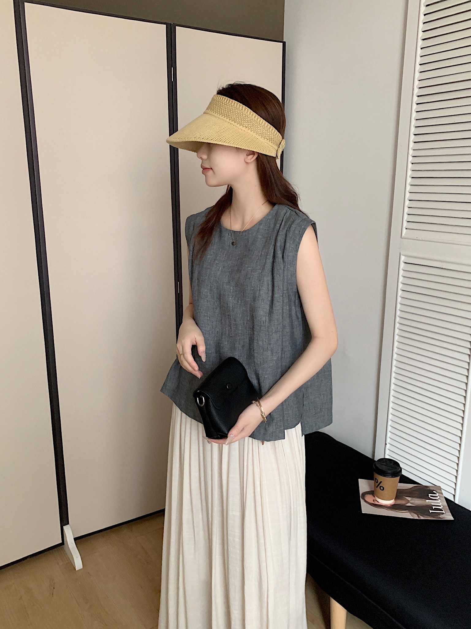 여름 켜기 새로운 단순한 기질 통근 면과 린넨 통풍 Pleated 민소매 작은 셔츠 휴가 바람 게으른 하프 바디 치마 정장