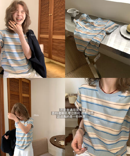 이른 봄 hers 미니멀리즘 일상 캐주얼 3 차원 질감 센스 배색 스트라이프 반팔 티셔츠 미니멀리즘 다용도 맨위