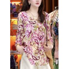 批发<b class='q'>真丝</b>双绉设计师紫色图案显瘦桑蚕丝<b class='q'>衬衫</b>上衣