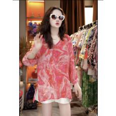 批发<b class='q'>真丝</b>双绉设计师红色复古图案显瘦桑蚕丝<b class='q'>衬衫</b>上衣