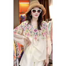 批发真丝双绉<b class='q'>气质</b>时尚杏底胸前印花桑蚕丝<b class='q'>衬衫</b>上衣