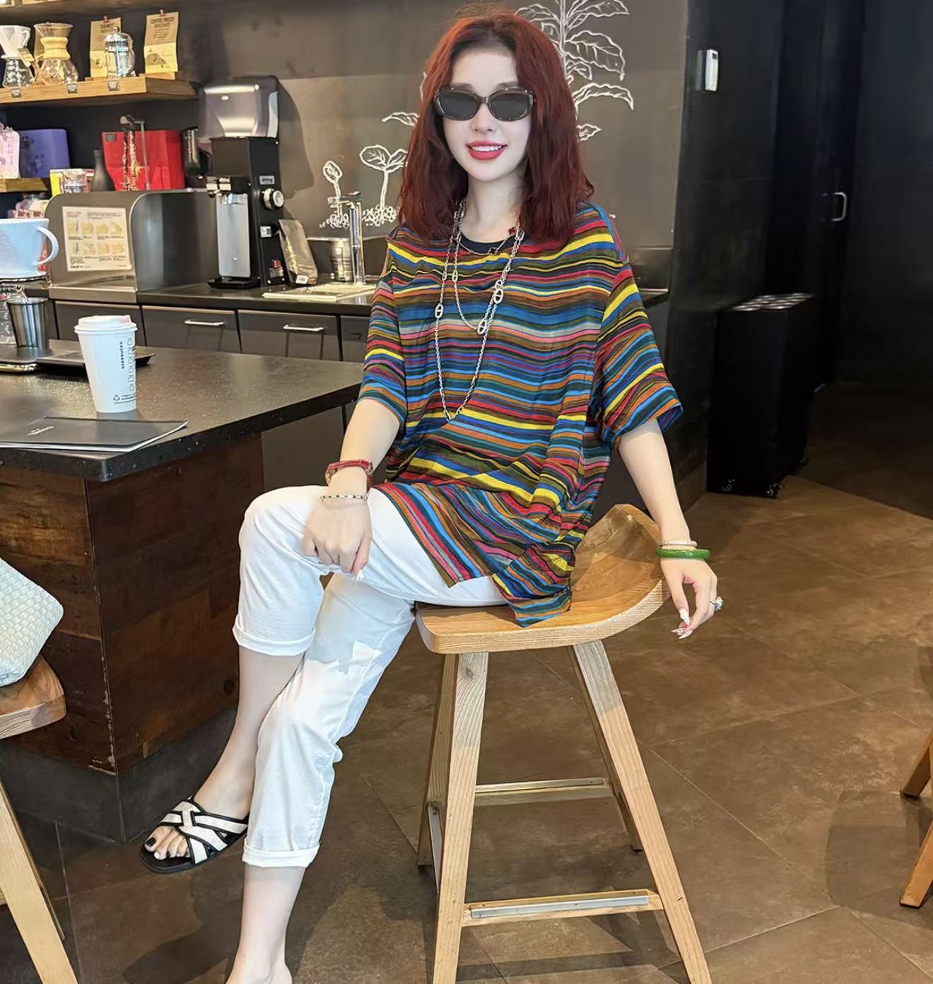 여름 새로운 패션 루즈핏 품격 스트라이프 반팔 셔츠