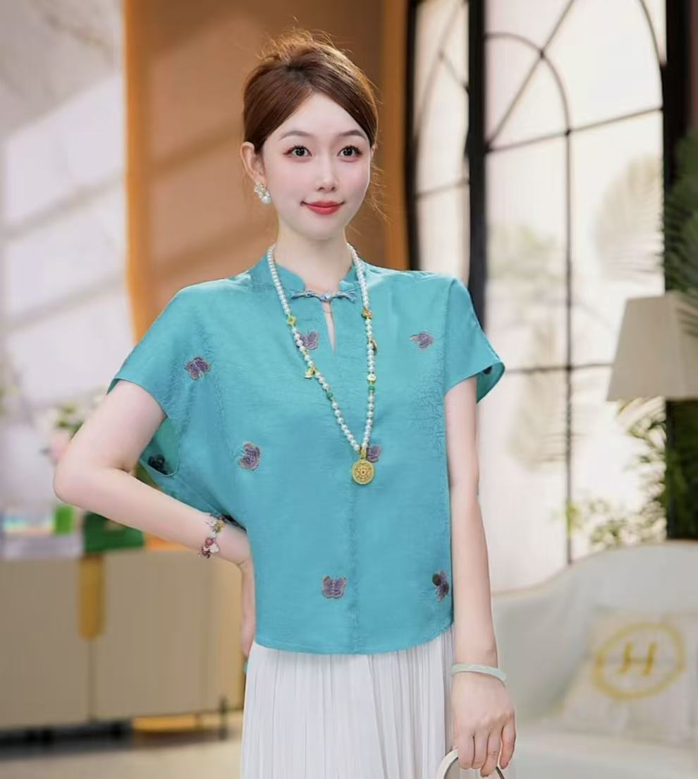 여유롭게 가을의 물 새로운 중식 국풍 여성 의류 스탠드 칼라 단추 셔츠 맨위 여름 섹션 반팔 슬림해 보이는 루즈핏 티셔츠