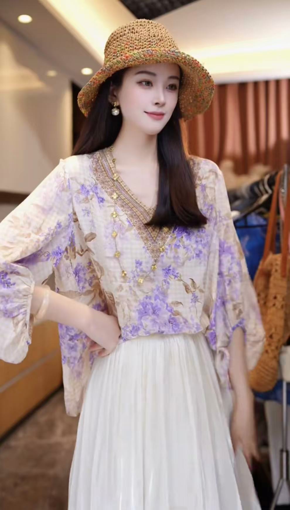 뽕나무 누에 실크 더블 크레이프 꽃 패턴 뽕나무 누에 실크 셔츠 맨위