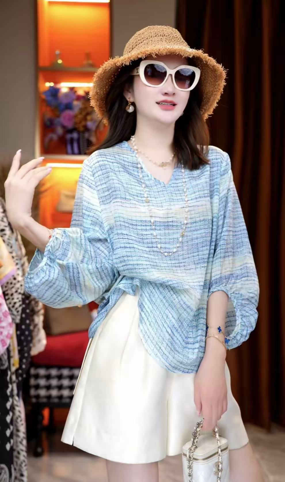 뽕나무 누에 실크 더블 크레이프 일반 섹션 프린트 파란색 체크무늬 실크 맨위