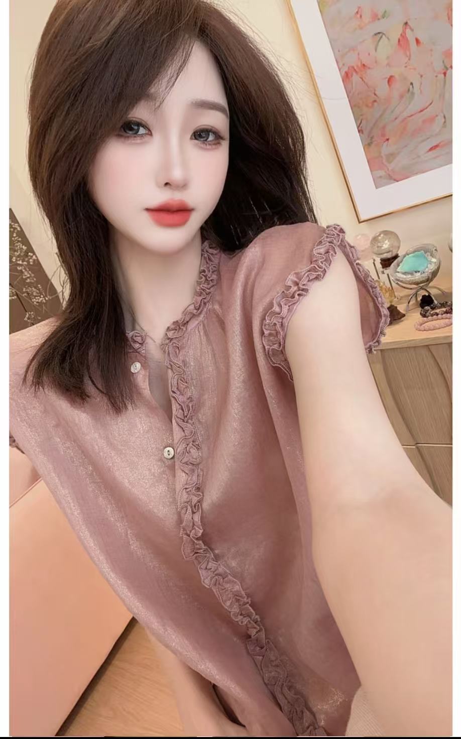 프랑스식 판금 프릴 통기성 셔츠 외국 가스 부드러운 분말 디스플레이 화이트 라미 셔츠