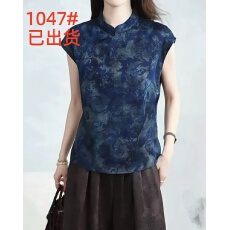 批发新中式<b class='q'>真丝</b>上衣女短袖修身印花桑蚕丝小衫显瘦<b class='q'>旗袍</b>领T恤夏季