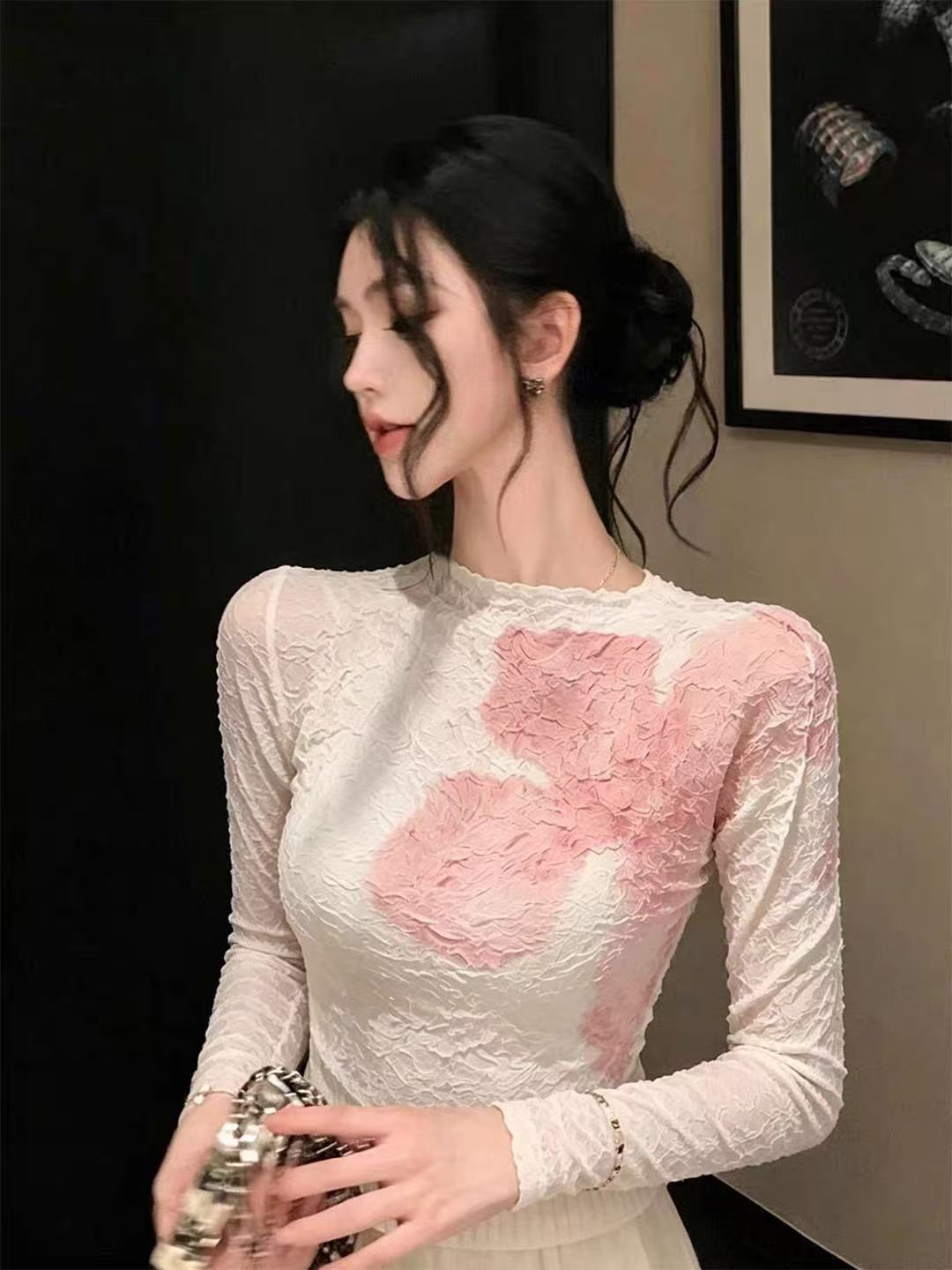 RY8212# 法式绝美印花长袖T恤女修身显瘦气质漂亮上衣