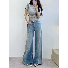 批发欧货<b class='q'>春</b>季新款轻奢钉珠烫钻阔腿牛仔裤女显瘦小众洋气拖地长裤