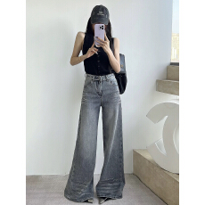 批发欧货<b class='q'>春</b>季新款轻奢风重工烫钻阔腿牛仔裤灰色高腰显瘦拖地长裤