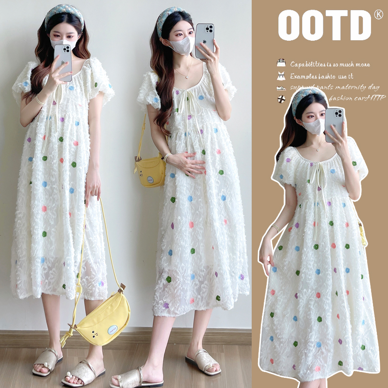 실사 2026 신제품 임산부 여름 매운맛 엄마 롱 코트 반팔 자수 색상 꽃 루즈핏 임산부 드레스