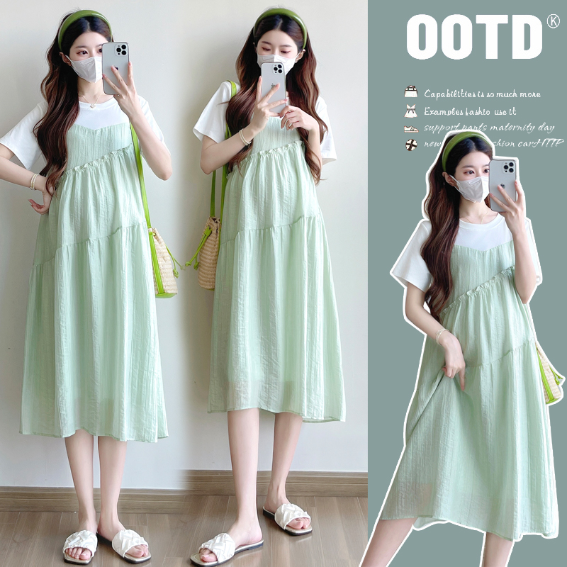 실사 2025 여름 새로운 한국 스타일 티셔츠 패치워크 페이크 레이어드 작은 청신 임산부 드레스