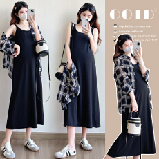 实拍 2026孕妇装夏季新款时尚格子防晒开衫+吊带裙两件套