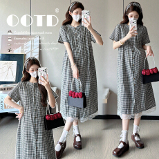 批发实拍 2026<b class='q'>孕妇装</b>夏季新款格子拼接蕾丝宽松显瘦<b class='q'>孕妇</b><b class='q'>连衣裙</b>