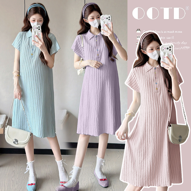 실사 질량 지금 지금 2026 출산 착용 여름 새로운 얼음 센스 polo 폴로 칼라 임산부 드레스