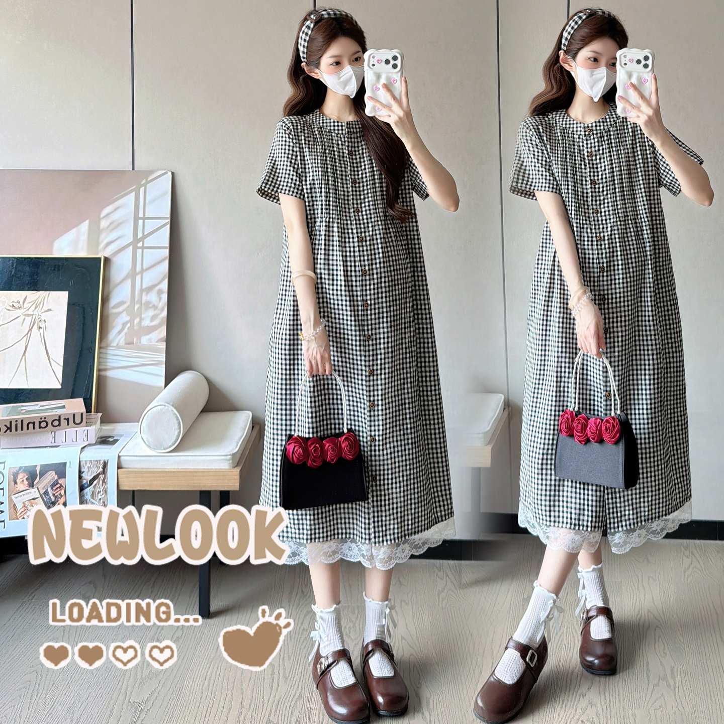 실사 2026 출산 착용 여름 새로운 체크무늬 패치워크 레이스 임산부 드레스