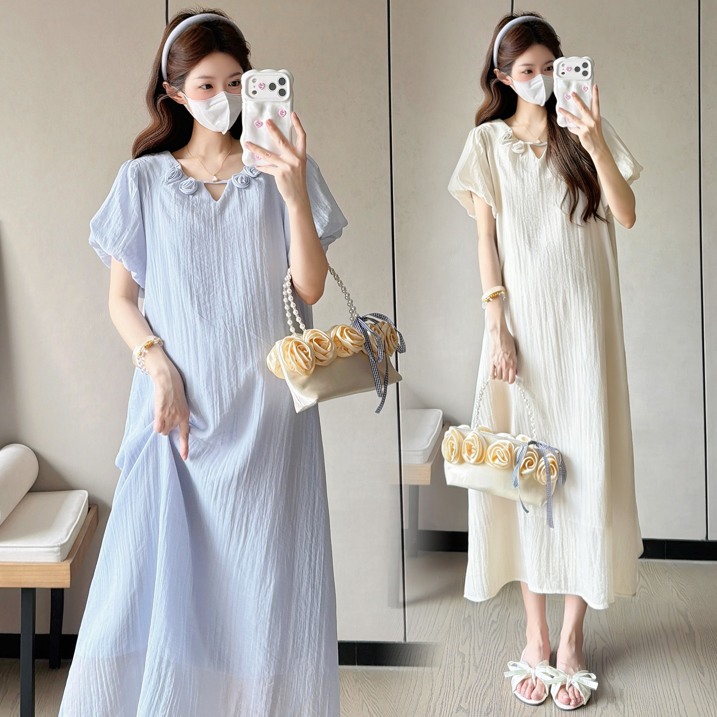 실사 지금 또는 2026 출산 착용 여름 새로운 수공 장미 꽃 임산부 드레스