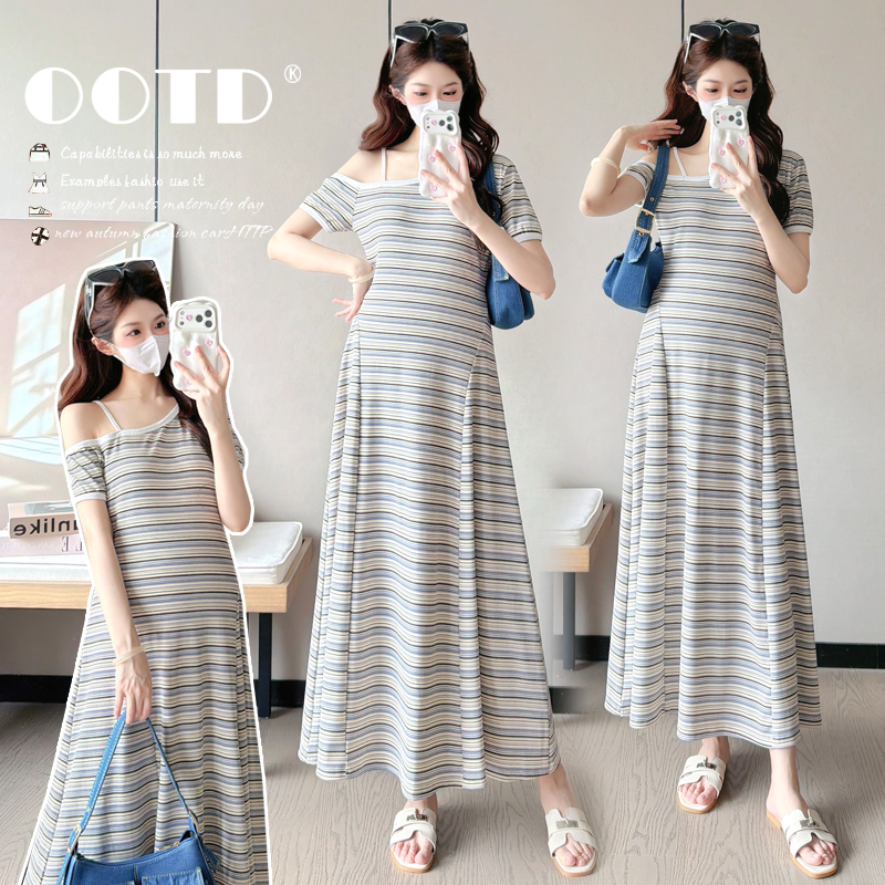 실사 2026 출산 착용 여름 새로운 스트라이프 오프숄더 몸매 가꾸기 슬림해 보이는 드레스