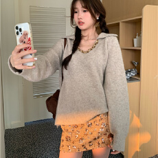 批发重工编织翻领毛衣女<b class='q'>夏</b>季2025新款复古长袖宽松显瘦百搭时尚上衣潮