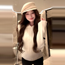 批发<b class='q'>北极</b><b class='q'>绒</b>腈纶35%锦纶40%PBT25%polo领毛衣女秋季套头针织衫上衣