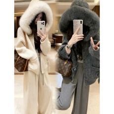 批发北极绒【腈纶35%锦纶40%PBT25%】大毛领连帽<b class='q'>针织</b><b class='q'>开衫</b>毛衣软糯外套