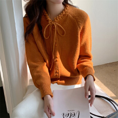 北极绒腈纶35%锦纶40%PBT25%圆领系带两粒扣针织开衫百搭毛衣