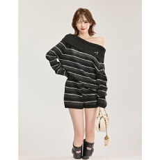 批发（套装）韩系<b class='q'>条纹</b>休闲<b class='q'>裤</b>早秋款一字肩长袖毛衣高腰短<b class='q'>裤</b>针织两件套