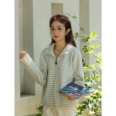 批发韩系撞色<b class='q'>条纹</b>拉链针织毛衣<b class='q'>开衫</b>女秋季2025新款设计感立领休闲上衣