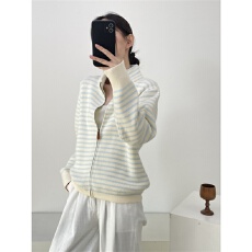 批发韩系撞色<b class='q'>条纹</b>拉链针织毛衣<b class='q'>开衫</b>女秋季2025新款设计感立领休闲上衣