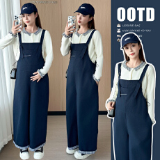 批发实拍2025秋冬新款潮妈孕妇设计感藏青色<b class='q'>背带裤</b>+毛衣显瘦减龄套装