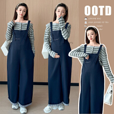 批发实拍2025秋季新款孕妇宽松减龄显瘦设计感纯棉<b class='q'>背带裤</b>+一字肩上衣