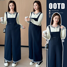 批发2025秋季孕妇潮妈<b class='q'>韩版</b>宽松显瘦设计感纯棉<b class='q'>背带裤</b>+米白毛衣套装