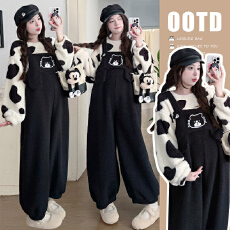 批发实拍2025秋冬加绒加厚套装摇粒绒可爱猫猫<b class='q'>背带裤</b>+奶牛珊瑚绒上衣