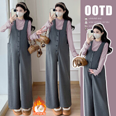 批发实拍2025秋冬新款<b class='q'>孕妇</b><b class='q'>气质</b>显瘦加绒背带裤+木耳边打底衫时尚套装