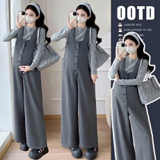 批发实拍2025秋冬新款<b class='q'>孕妇</b><b class='q'>气质</b>显瘦加绒加厚百搭深灰色背带裤时尚套装