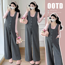 批发实拍2025秋冬新款<b class='q'>孕妇</b><b class='q'>高级</b>感显瘦加绒加厚深灰色背带裤时尚套装潮