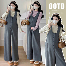 批发实拍2025秋冬新款孕妇高级感显瘦加绒加厚深灰色背带裤时尚套装