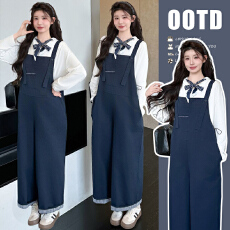 批发实拍2026春季新款简约藏青色<b class='q'>背带裤</b>+设计感系领结纯棉长袖T恤套装