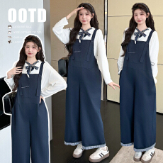 批发实拍2026春季新款简约藏青色背带裤+系领结纯棉长袖T恤设计感套装