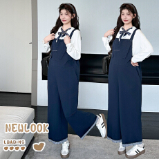 批发实拍2026春<b class='q'>孕妇</b><b class='q'>新款</b>简约藏青色背带裤+系领结纯棉<b class='q'>长袖</b>T恤气质套装